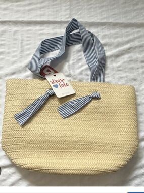 Striped Handle Straw Tote Bag in Natural with Blue